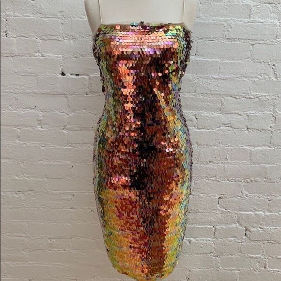 BHLDN Green and Gold Sequin Strapless Sheath Dress - Picture 3 of 10